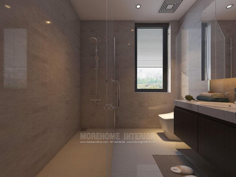 Vách tắm kính 135 độ với thiết kế khoa học giúp không gian phòng tắm nhỏ trở nên thông thoáng nhưng vẫn đảm bảo tiện nghi. Thiết kế nội thất chung cư đep, cao cấp