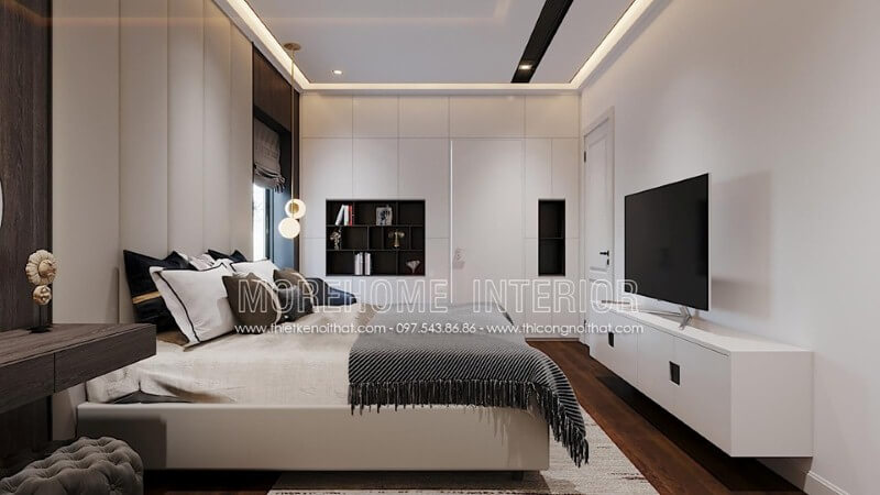 Tường phủ trắng đơn giản nhưng lại tạo nét đẹp sang trọng tinh tế cho phòng ngủ hiện đại. Thiết kế nội thất chung cư đep, cao cấp