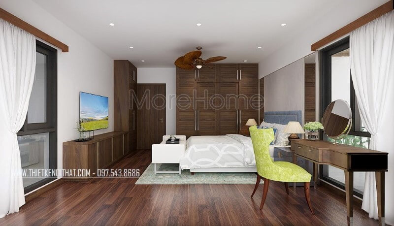 Nội thất phòng ngủ vợ chồng gỗ óc chó trở thành điểm nhấn bởi vẻ đẹp hoàn hảo được tôn lên từ Sàn gỗ, bộ bàn ghế trang điểm, tủ quần áo, kệ tivi, cửa gỗ. Thiết kế nội thất chung cư đep, cao cấp