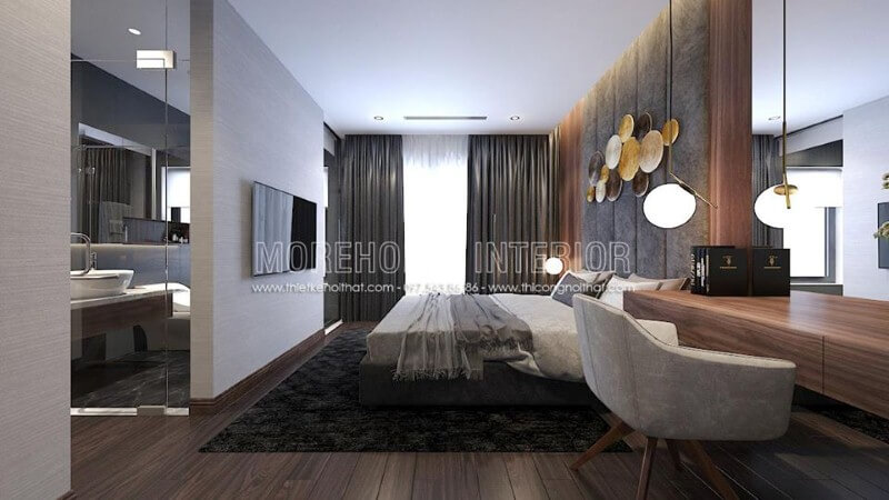 Trang trí nội thất phòng ngủ khép kín hiện đại liền phòng vệ sinh độc đáo với ý tưởng thiết kế mở khi sử dụng cửa kính trắng cường lực. Thiết kế nội thất chung cư đep, cao cấp