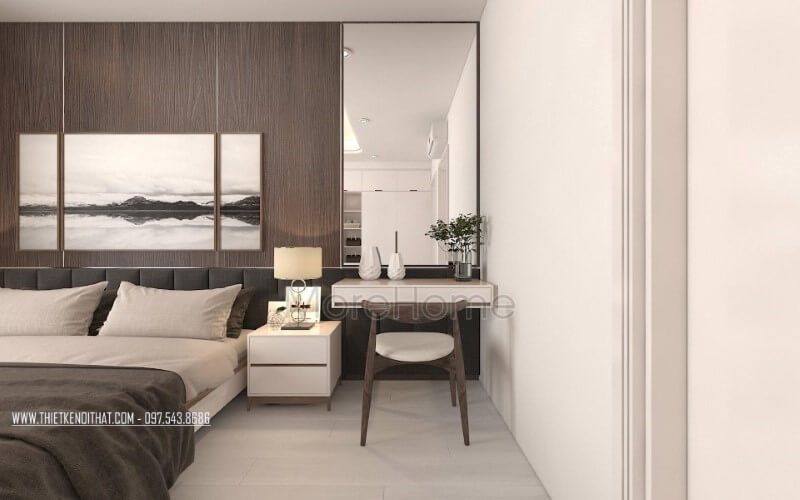 Bàn trang điểm kết hợp gương trang trí ốp tường hình chữ nhật tạo không gian phòng ngủ đơn giản nhưng hiện đại, đẹp, sang trọng. Thiết kế nội thất chung cư đep, cao cấp