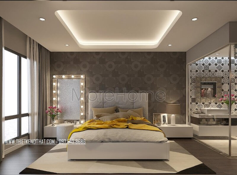 Thiết kế nội thất phòng ngủ chung cư hiện đại với các tone màu nhẹ nhàng mang đến sự ấm áp và yên bình cho không gian riêng tư của gia chủ. Thiết kế phòng ngủ chung cư đẹp hiện đại, ấn tượng