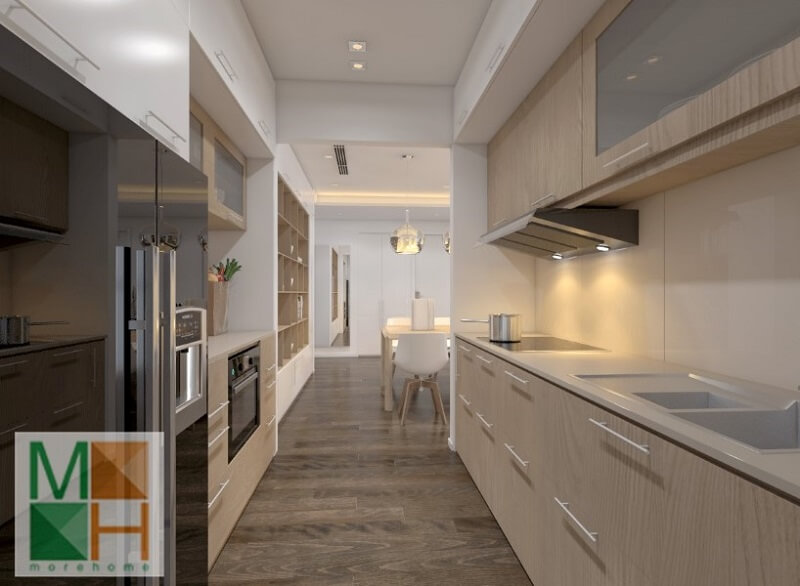 Mẫu thiết kế hệ tủ bếp gỗ đẹp sử dụng gỗ công nghiệp An Cường cao cấp màu sáng mang đến vẻ đẹp cho phòng bếp Mẫu tủ bếp chung cư đẹp, sang trọng cho căn bếp