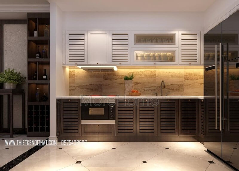 Mẫu tủ bếp chữ i hiện đại kết hợp giữa 2 tone màu nâu trầm và trắng tạo nên nét đẹp hài hòa cho cả không gian Mẫu tủ bếp chung cư đẹp, sang trọng cho căn bếp