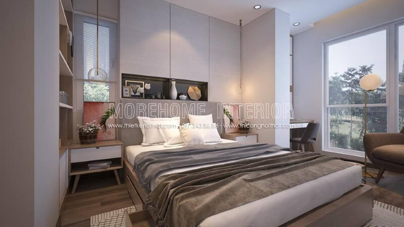 Trang trí nội thất phòng ngủ với các mẫu décor trang trí như kệ trang trí, vách ốp đầu giường, thiết kế âm tường giúp tối giản cho căn phòng Thiết kế nội thất phòng ngủ chung cư