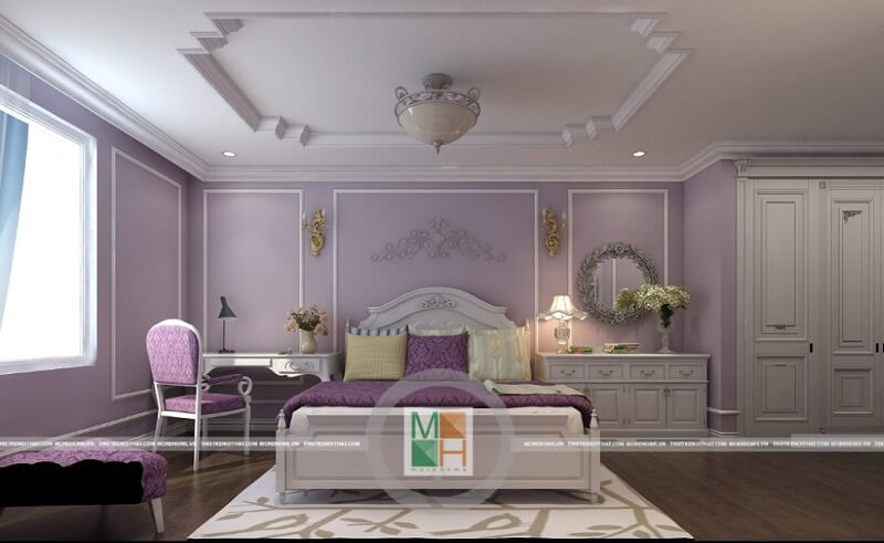 Mẫu thiết kế nội thất phòng ngủ sang trọngcho chung cư Mandarin với tông màu tím chủ đạo lôi cuốn mọi ánh nhìn. Thiết kế nội thất phòng ngủ chung cư