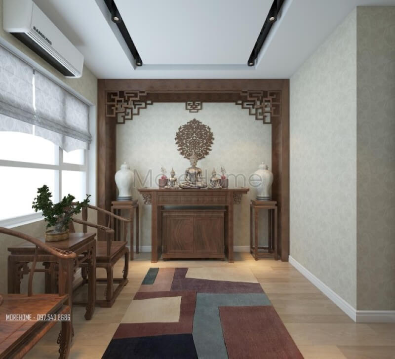 Nội thất phòng thờ chung cư được thiết kế rất trang nghiêm với đồ gỗ nội thất tự nhiên kết hợp gam màu gỗ xưa truyền thống. Thiết kế phòng thờ chung cư