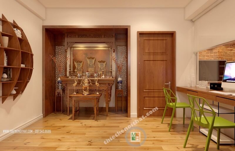 Thiết kế nội thất phòng thờ chung cư CT4 Mỹ Đình hiện đại với đồ nội thất gỗ tông màu nâu sáng. Thiết kế phòng thờ chung cư