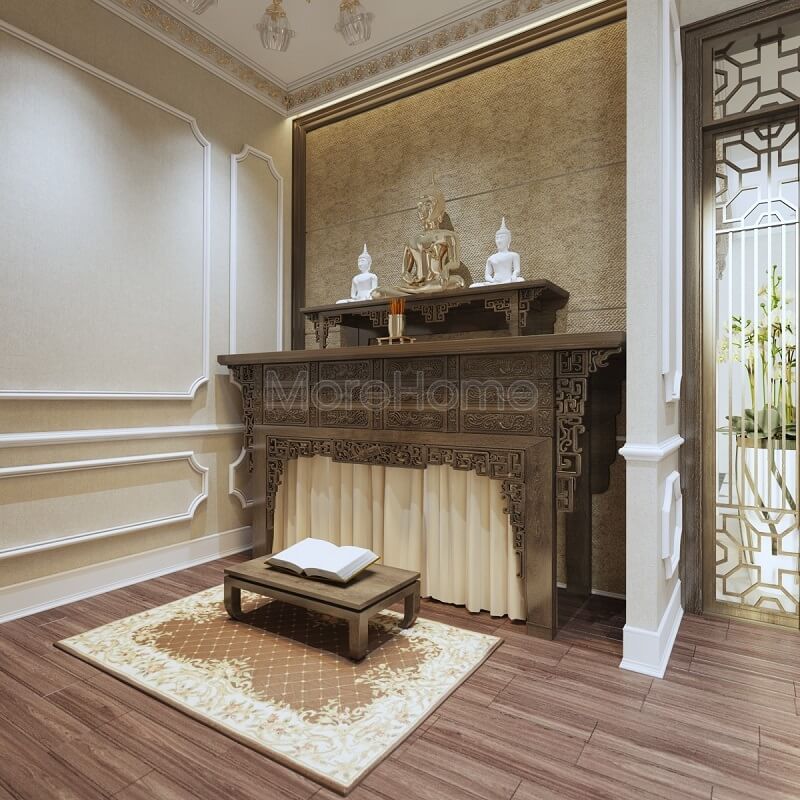 Thiết kế nội thất phòng thờ hiện đại cho biệt thự tại Ciputra Hà Nội với tông màu vàng nhạt. Thiết kế phòng thờ chung cư
