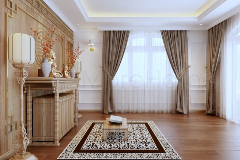 Nội thất phòng thờ gỗ tự nhiên với gam màu vàng nhẹ nhàng chủ đạo mang đến sự an nhiên, linh thiêng và thư thái cho gia chủ Thiết kế phòng thờ chung cư