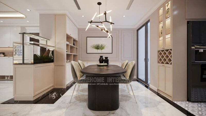 Không gian tận hưởng bữa cơm gia đình được thiết kế lãng mạn với bộ bàn ghế hiện đại, ghế làm bằng nệm nỉ khung sắt chắc chắn và êm ái bàn ăn chung cư đẹp