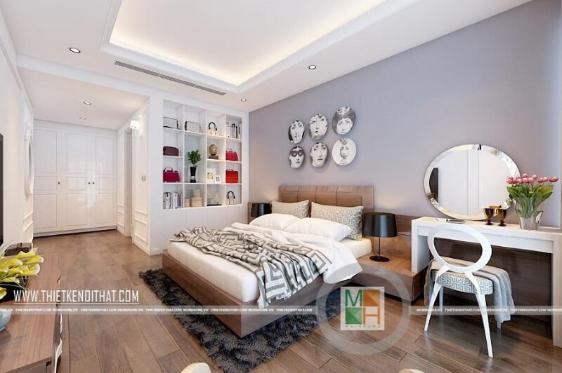 Mẫu giường ngủ chung cư đẹp bọc da đầu giường màu nâu mang đến cảm giác sang trọng cho căn phòng ngủ của gia chủ Nội thất giường ngủ chung cư đẹp