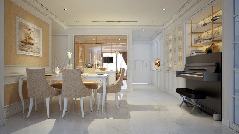 Bộ bàn ghế đẹp với sự kết hợp hài hòa giữa 2 màu trắng vàng chủ đạo tạo nên một không gian phòng ăn sang trọng mà vô cùng ấm áp Mẫu bàn ăn chung cư hiện đại, tân cổ điển trẻ trung, sang trọng