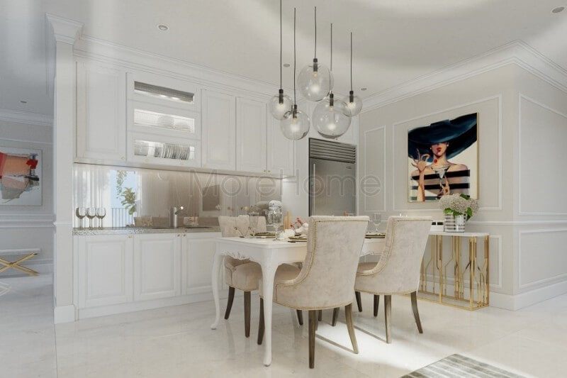 Bộ bàn ăn đẹp với lối thiết kế đơn giản, ghế tựa sủ dụng các chi tiết trang trí và chất liệu nhung làm chủ đạo, gợi mở tính cổ điển, đầy sang trọng và quý phái. Mẫu bàn ăn chung cư hiện đại, tân cổ điển trẻ trung, sang trọng