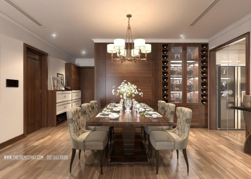 Bộ bàn ghế ăn tân cổ điển được thiết kế không quá lớn nhưng lại tạo ấn tượng mạnh bởi các đường cong và thiết kế đậm chất châu Âu cổ Mẫu bàn ăn chung cư hiện đại, tân cổ điển trẻ trung, sang trọng