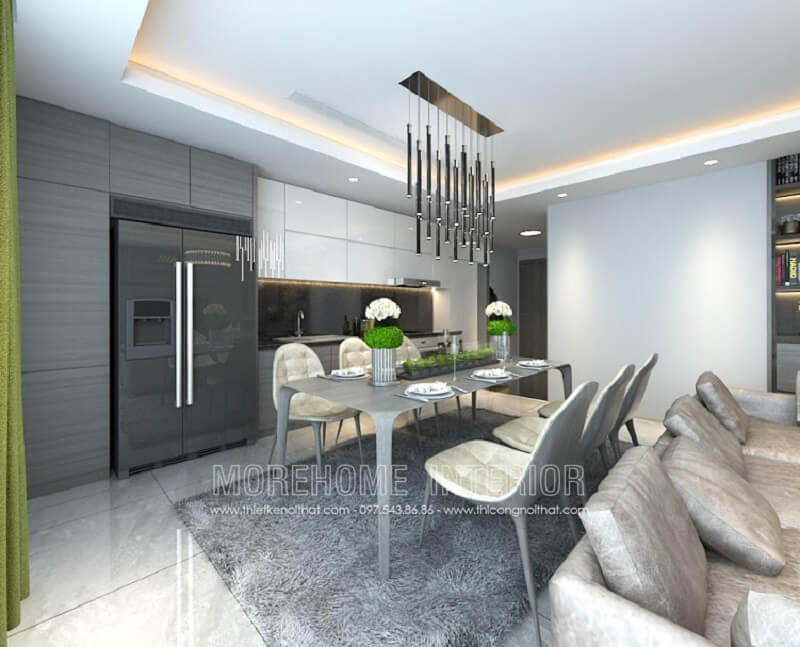 Mẫu bàn ghế ănhiện đại màu xám tạo điểm nhấn nổi bật cho không gian căn phòng Mẫu bàn ăn chung cư hiện đại, tân cổ điển trẻ trung, sang trọng