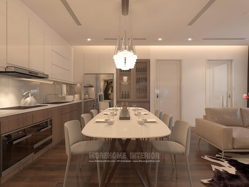Mẫu bàn ăn hiện đại màu trắng trẻ trung kết hợp với 6 ghế ăn bọc da sang chẳng mang đến không gian phòng ăn ấn tượng cho gia chủ Mẫu bàn ăn chung cư hiện đại, tân cổ điển trẻ trung, sang trọng