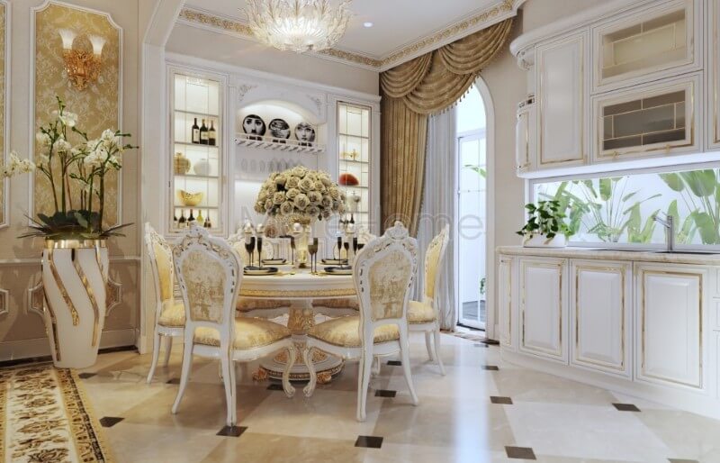 Thiết kế bàn ăn biệt thự tân cổ điển, từng chi tiết chạm khắc mềm mại, nhẹ nhàng tạo nên sự sang trọng và tinh tế hơn cho không gian sống của gia chủ Mẫu bàn ăn chung cư hiện đại, tân cổ điển trẻ trung, sang trọng