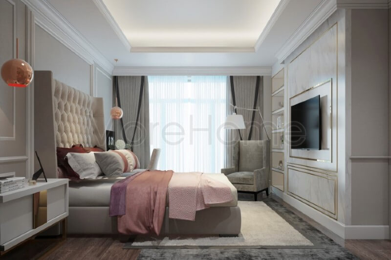 Thiết kế phòng ngủ chung cư với tone màu trắng được sử dụng tạo sự đồng bộ và liền mạch góp phần thể hiện rõ nét phong cách tân cổ điển của căn nhà Thiết kế phòng ngủ chung cư tân cổ điển