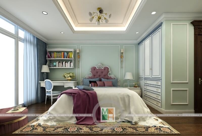 Thiết kế phòng ngủ chung cư tân cổ điển ấn tượng với đồ nội thất gỗ tự nhiên cao cấp mang đến vẻ đẹp sang trọng và đẳng cấp cho căn phòng Thiết kế phòng ngủ chung cư tân cổ điển