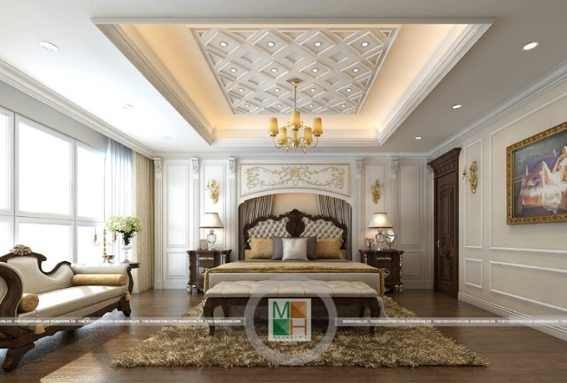 Mẫu thiết kế phòng ngủ tân cổ điển sang trọng với đồ nội thất gỗ tự nhiên mang đến cảm giác như một căn phòng ngủ hoàng gia đầy đẳng cấp Thiết kế phòng ngủ chung cư tân cổ điển
