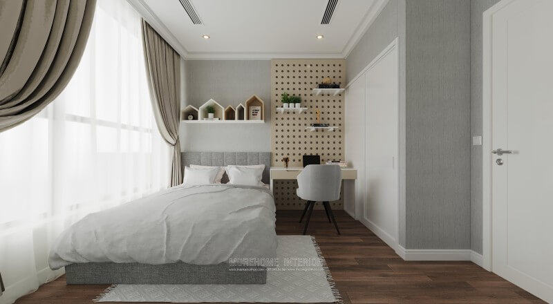 Sắp xếp nội thất phòng ngủ con gái phong cách hiện đại, trẻ trung, bàn làm việc bố trí ngay cạnh giường tạo cho con có không gian nghỉ ngơi, học tập thoải mái nhất Thiết kế chung cư
