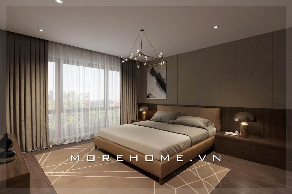Thiết kế nội thất phòng ngủ chung cư hiện đại, trẻ trung, cửa sổ được bố trí khoảng cách lớn giúp tận dụng được tối đa ánh sáng tự nhiên giúp căn phòng luôn tràn ngập hơi thở tươi mới Thiết kế chung cư