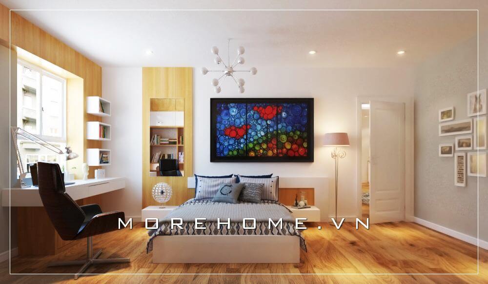 Thiết kế nội thất phòng ngủ nhà phố hiện đại, bàn làm việc được bố trí liền kề với giường ngủ tạo cảm giác thuận tiện và thoải mái nhất cho gia chủ Thiết kế chung cư