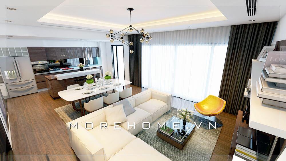 Màu trắng từ sofa góc, bộ bàn ghế ăn, tường, rèm pha trộn cùng đồ trang trí nhà sẫm màu từ sàn gỗ óc chó, tủ bếp gỗ, rèm tối màu như tạo nên một bức tranh sang trọng ngay trong không gian nội thất phòng khách chung cư. Thiết kế chung cư