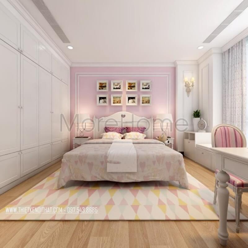 Trang trí nội thất phòng ngủ con chung cư cao cấp với gam màu hồng phấn đóng vai trò chủ đạo Thiết kế nội thất phòng ngủ chung cư đẹp