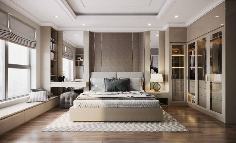 Nội thất phòng ngủ hiện đại với nhiều đồ nội thất đáp ứng đầy đủ nhu cầu sinh hoạt cảu gia chủ Thiết kế nội thất phòng ngủ chung cư đẹp