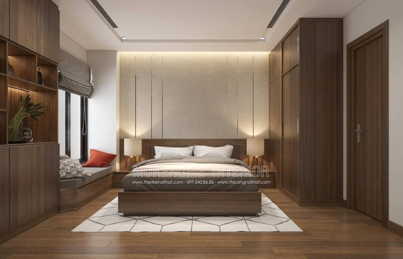 Thiết kế nội thất phòng ngủ chung cư hiện đại với đồ nội thất gỗ công nghiệp thiết kế đẹp mắt Thiết kế nội thất phòng ngủ chung cư đẹp