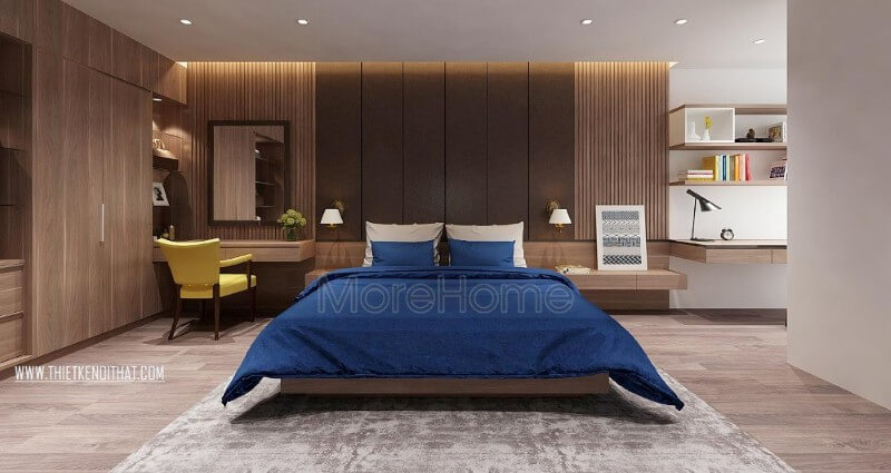 Với chất liệu gỗ đóng vai trò chủ đạo, nội thất phòng ngủ chung cư mang lại sự sang trọng cũng như thoải mái nhất cho gia chủ Thiết kế nội thất phòng ngủ chung cư đẹp