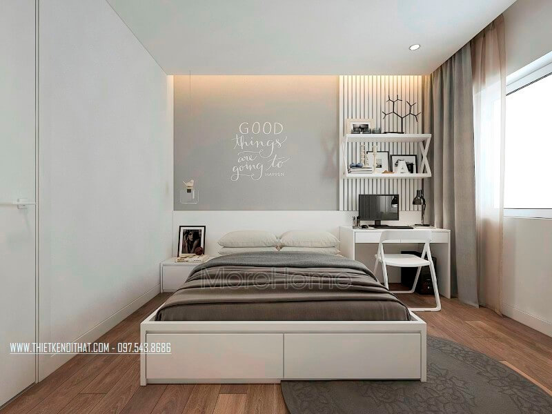 Nội thất trong phòng ngủ của con đều được thiết kế và thi công bằng chất liệu gỗ công nghiệp MDF phun sơn chống ẩm của An Cường. Thiết kế nội thất phòng ngủ chung cư đẹp