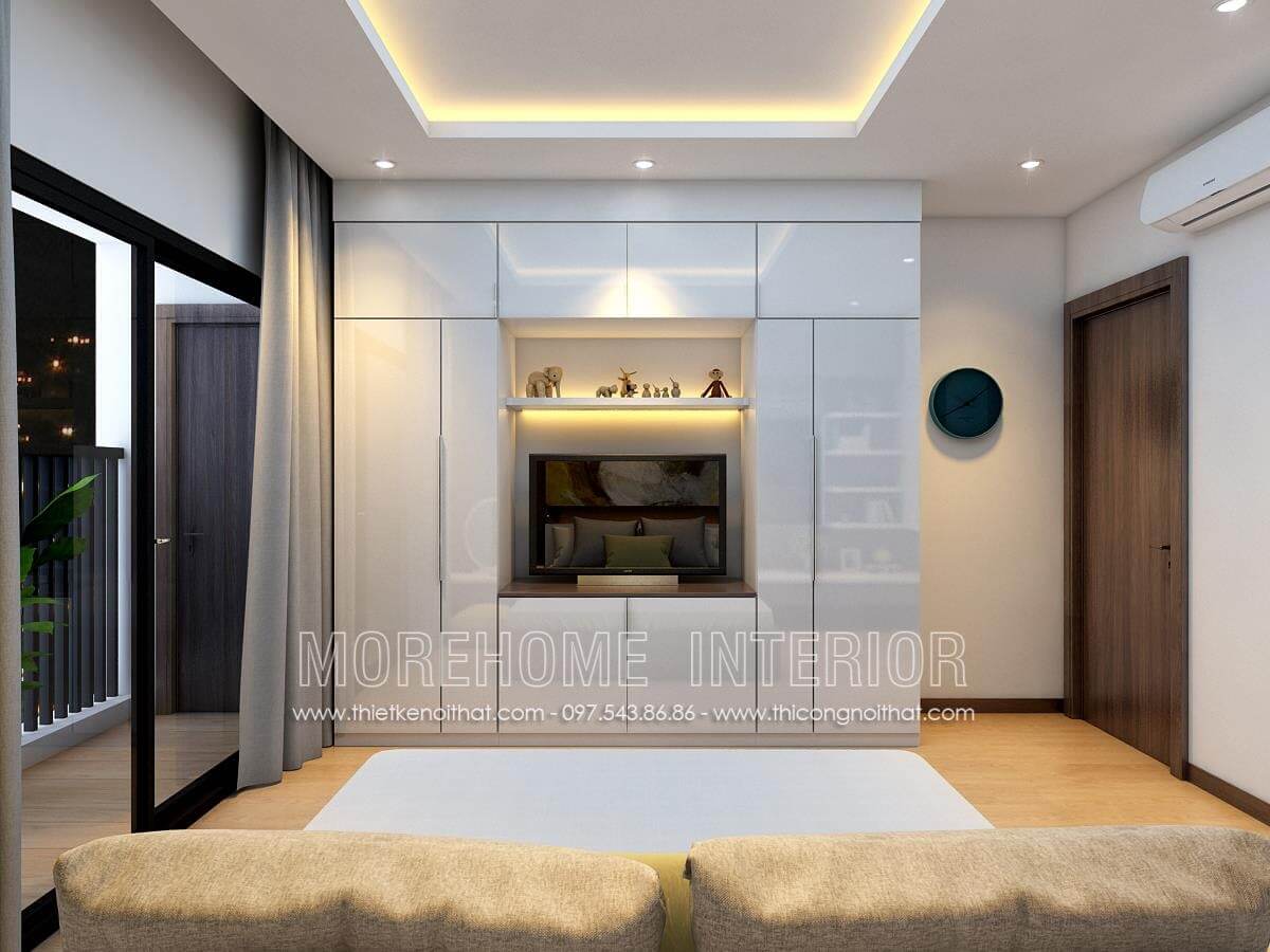 Tủ áo kết hợp kệ ti vi, tiết kiệm tối đa không gian phòng ngủ Thiết kế nội thất phòng ngủ chung cư đẹp