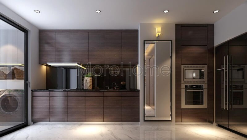 Thiết kế nội thất phòng bếp chung cư hiện đại và tiện nghi với gỗ công nghiệp Thiết kế nội thất phòng bếp chung cư