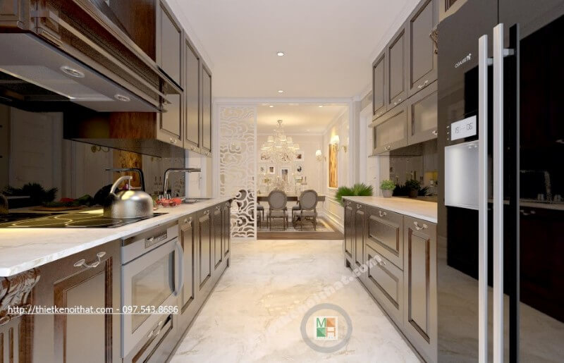 Mẫu thiết kế nội thất phòng bếp chung cư được bố trí hợp lí, các thiết bị nhà bếp hiện đại cũng được gia chủ lựa chọn nhằm mang lại sự tiện nghi nhất cho người nội trợ Thiết kế nội thất phòng bếp chung cư