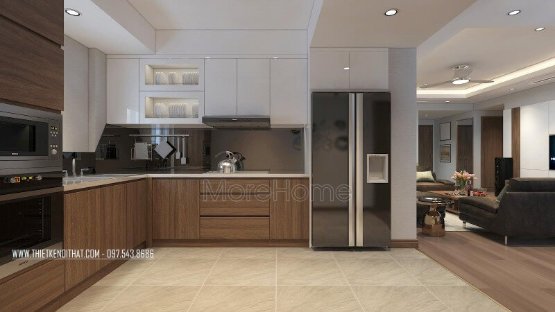 Thiết kế tủ bếp hiện đại chữ L, có đầy đủ thiết bị thiết bị rất hữu dụng trong khu bếp mang đến không gian bếp tiện dụng Thiết kế nội thất phòng bếp chung cư