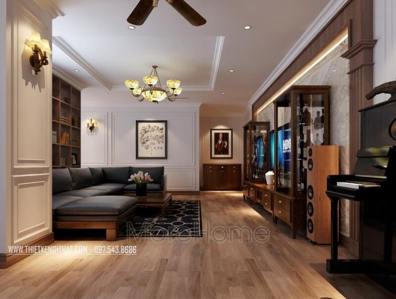 Thiết kế nội thất phòng khách chung cư đẹp với chất liệu gỗ óc chó tự nhiên nhập khẩu cao cấp Thiết kế chung cư
