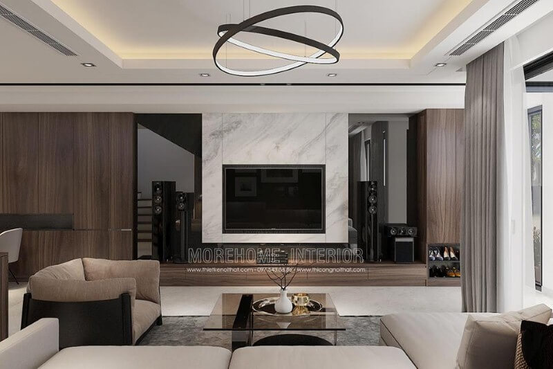 Đá trang trí phòng khách trắng vân mây đẹp sang trọng lựa chọn ấn tượng cho phòng khách hiện đại. Thiết kế chung cư