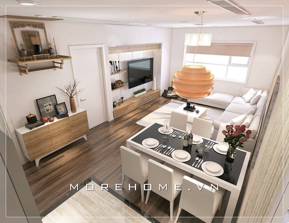 Sự kết hợp nhuần nhuyễn giữa chất liệu gỗ nâu trầm kết hợp cùng sắc trắng nổi bật đã tạo nên bức tranh tuyệt đẹp cho không gian phòng bếp liền phòng ăn căn hộ chung cư Thiết kế chung cư