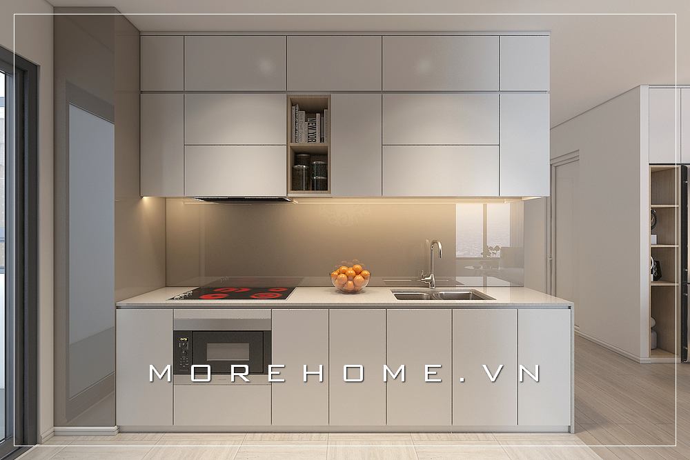 Thiết kế phòng bếp chung cư đơn giản với tone màu trắng từ nội thất gỗ công nghiệp mang đến không gian hiện đại, ấn tượng Mẫu thiết kế phòng bếp chung cư hiện đại, tiện nghi