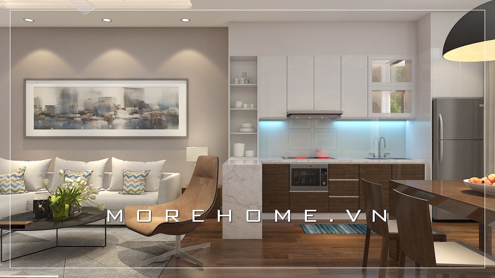 Thiết kế nội thất phòng bếp gỗ công nghiệp với tone màu nâu- trắng đơn giản, hiện đại Mẫu thiết kế phòng bếp chung cư hiện đại, tiện nghi