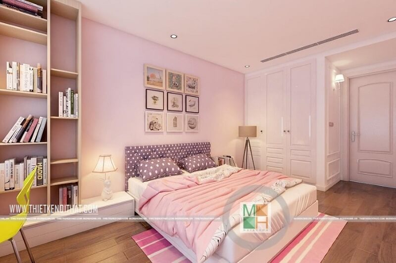 Thiết kế phòng ngủ chung cư hiện đại với tông màu hồng nữ tính được các bé gái rất yêu thích. Thiết kế phòng ngủ chung cư hiện đại