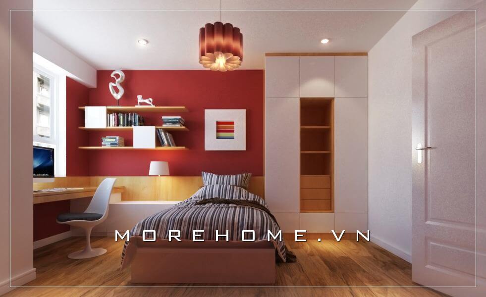 Nội thất phòng ngủ con trai tại chung cư hiện đại, chất liệu gỗ công nghiệp được gia chủ lựa chọn kết hợp với giấy dán tường màu đỏ nổi bật tạo điểm nhấn ấn tượng cho căn phòng Thiết kế phòng ngủ chung cư hiện đại