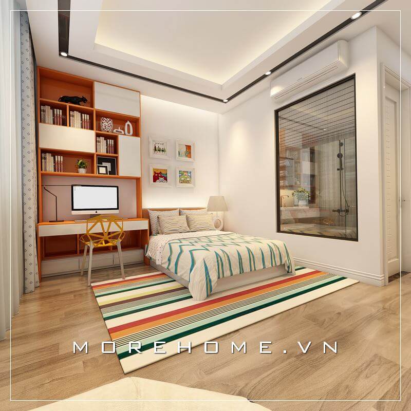 Thiết kế nội thất phòng ngủ chung cư nhỏ hiện đại khép kín, nhà vệ sinh được bố trí trong phòng tạo sự thuận tiện nhất cho người sử dụng Thiết kế phòng ngủ chung cư hiện đại