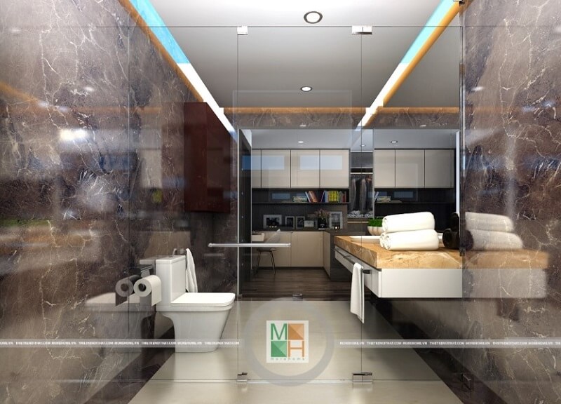 Thiết kế phòng tắm chưng cư hiện đại sử dụng vách tắm kính cường lực ngăn cách giữa không gian phòng tắm với phòng ngủ mang đến sự sang trọng, đẳng cấp trong từng chi tiết Thiết kế phòng tắm chung cư