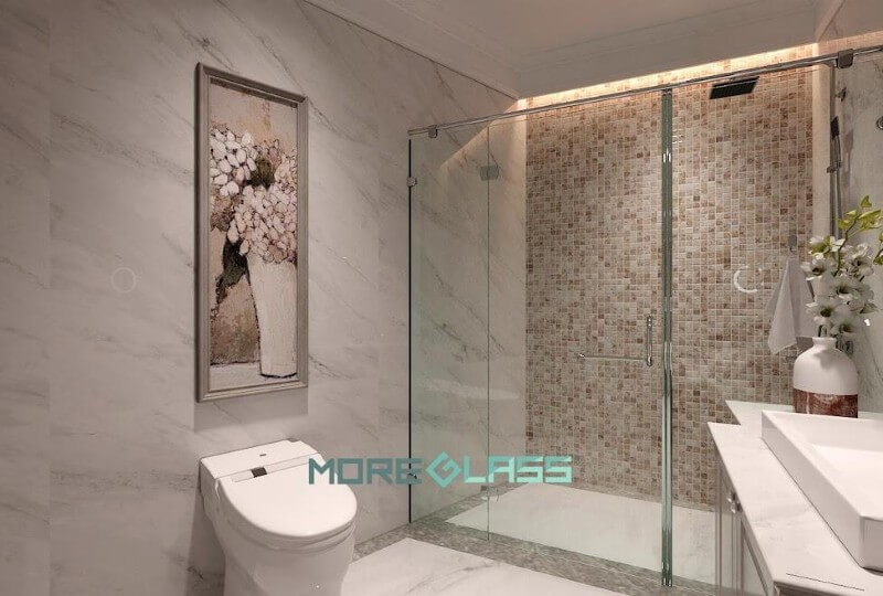 Vách tắm kính 180 độ cho phòng tắm nhỏ với nội thất tối giản nhưng cao cấp, hiện đại cho chung cư Thiết kế phòng tắm chung cư