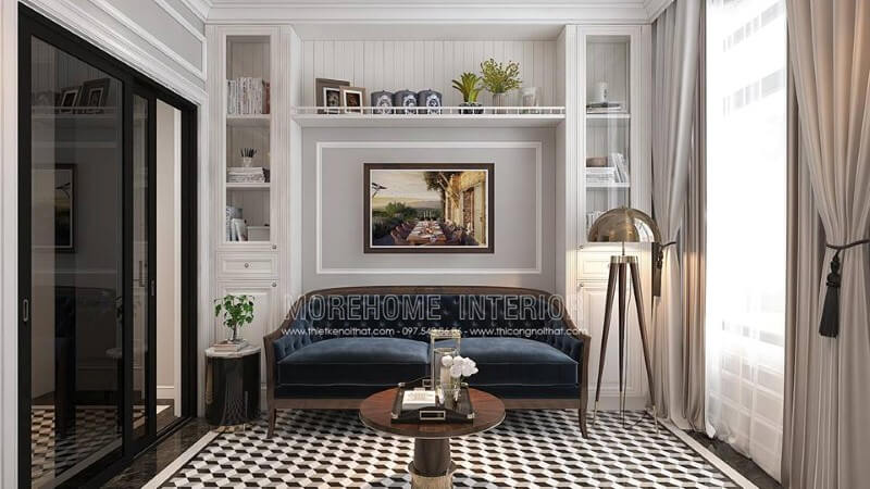 Bộ bàn ghế sofa gỗ óc chó màu xanh đẹp, độc đáo, sang trọng cho phòng đọc sách. thiết kế nội thất chung cư