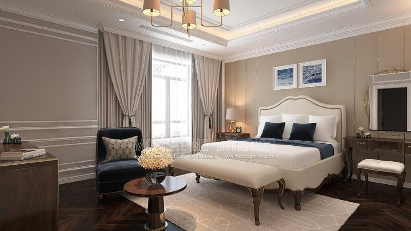 Thiết kế nội thất phòng ngủ tân cổ điển đẹp, sang trọng nổi bật với sắc trắng điểm nhấn từ bộ đôn, giường bọc nệm gỗ óc chó tự nhiên. thiết kế nội thất chung cư